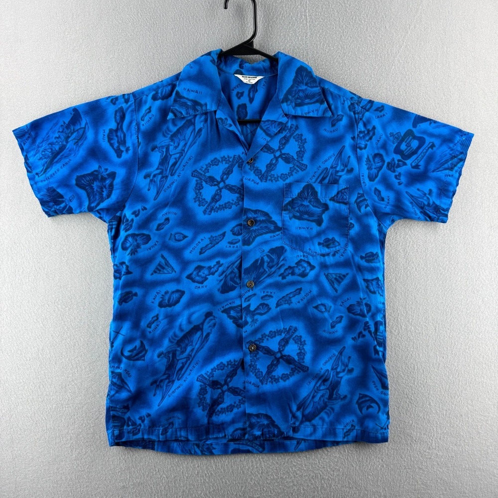 Vintage 60s Hawaiian Shirt Mens Small Blue Aloha Island Print Cotton Loop Collar